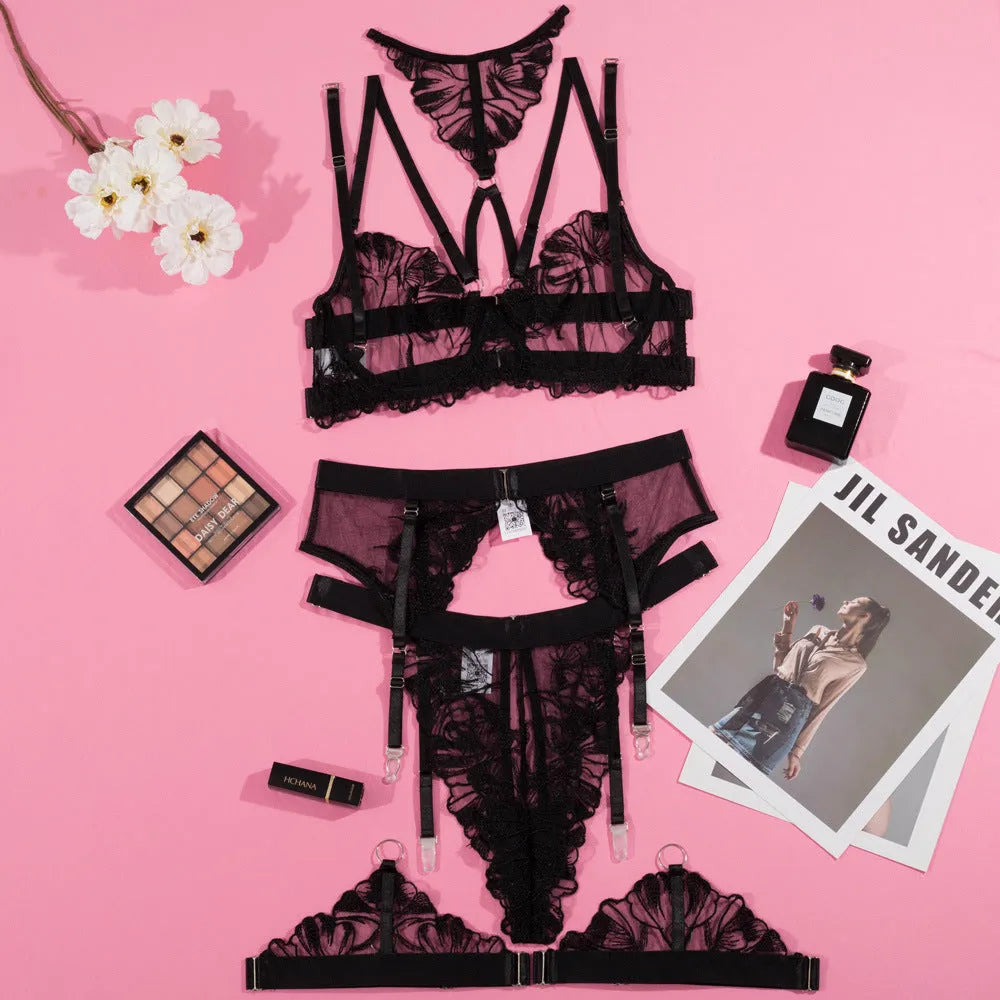 Black women's embroidery stitching mesh bra bikini set showing three-point style construction