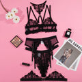 Black women's embroidery stitching mesh bra bikini set showing three-point style construction