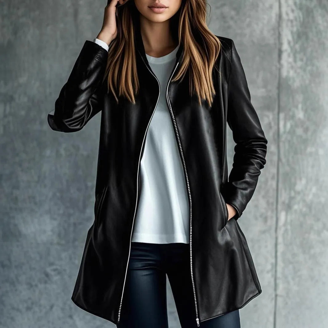 Black medium-length leather jacket for women with long sleeves.