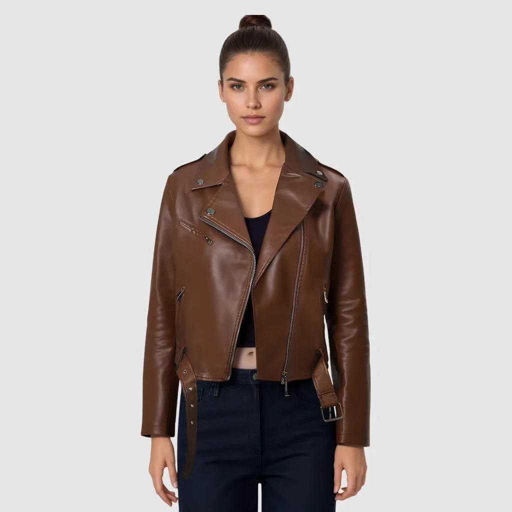 Women's red PU leather motorcycle jacket with a short lapel collar and an adjustable waist belt.
