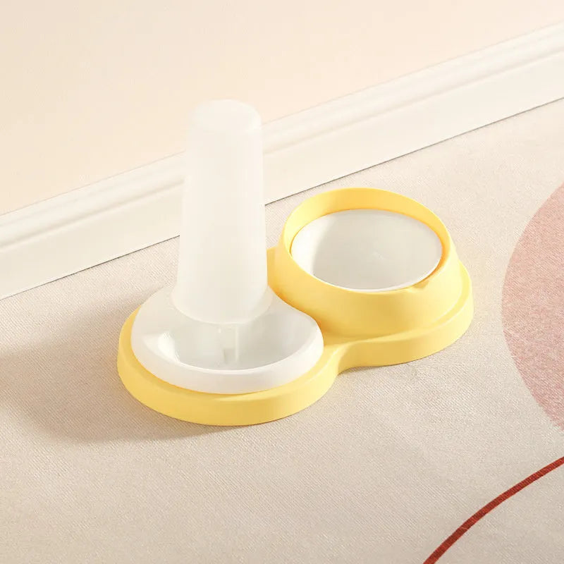 Grey and yellow PP material pet dual bowl feeder with ceramic food bowl and automatic water
