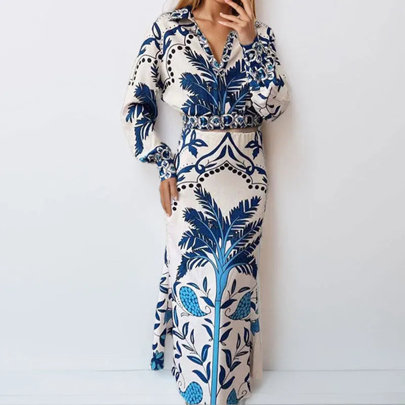 Early spring idle style women's casual set with long sleeve polyester top and matching long skirt