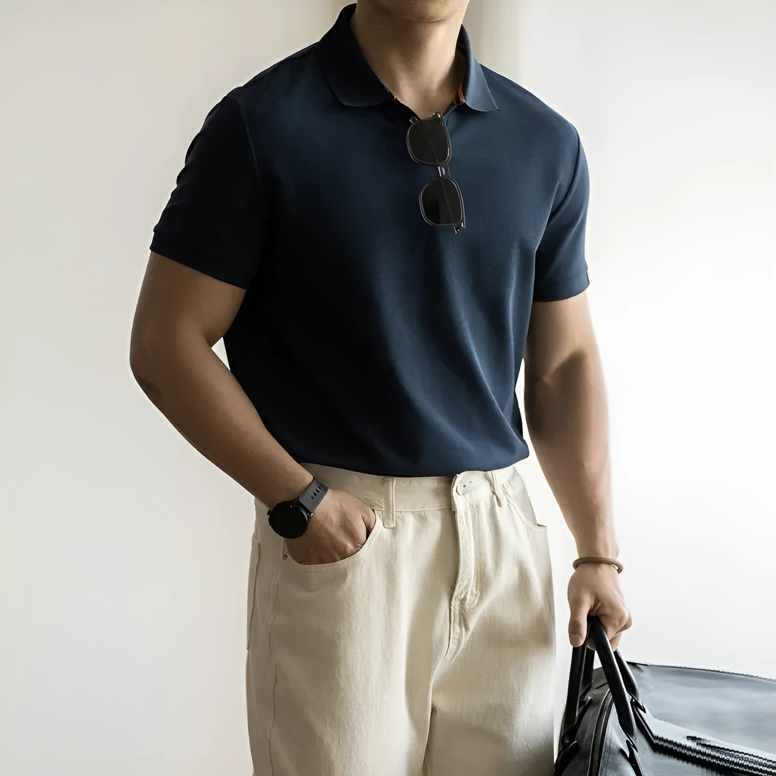 American-style men's short-sleeve polo shirt in blue cotton-polyester fabric