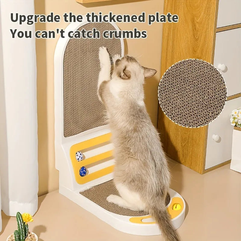 Grey L-shaped vertical cat scratching board with sisal fibre surface in a room corner.