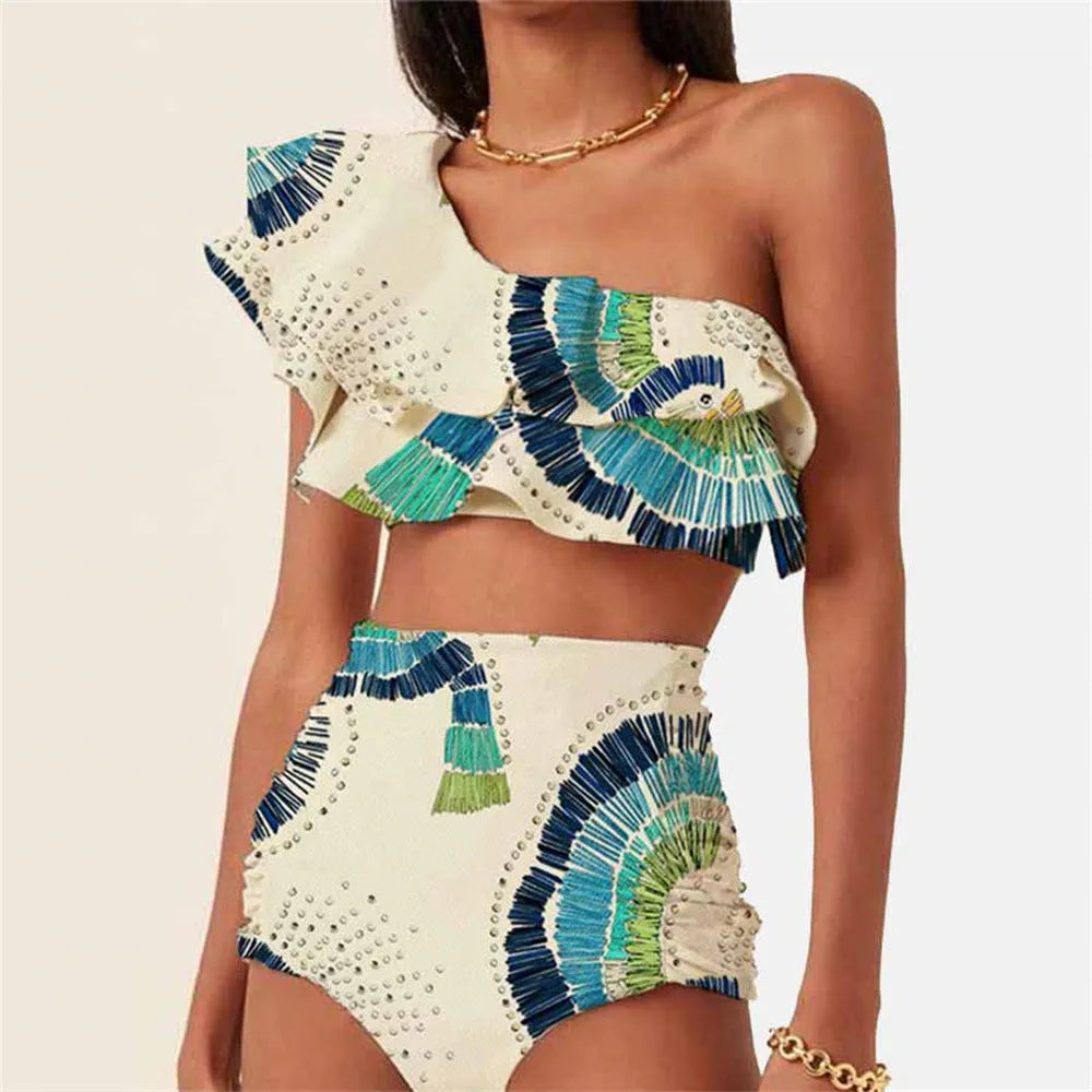 White one-shoulder swimsuit with double-layer lotus leaf skirt and high-leg split design