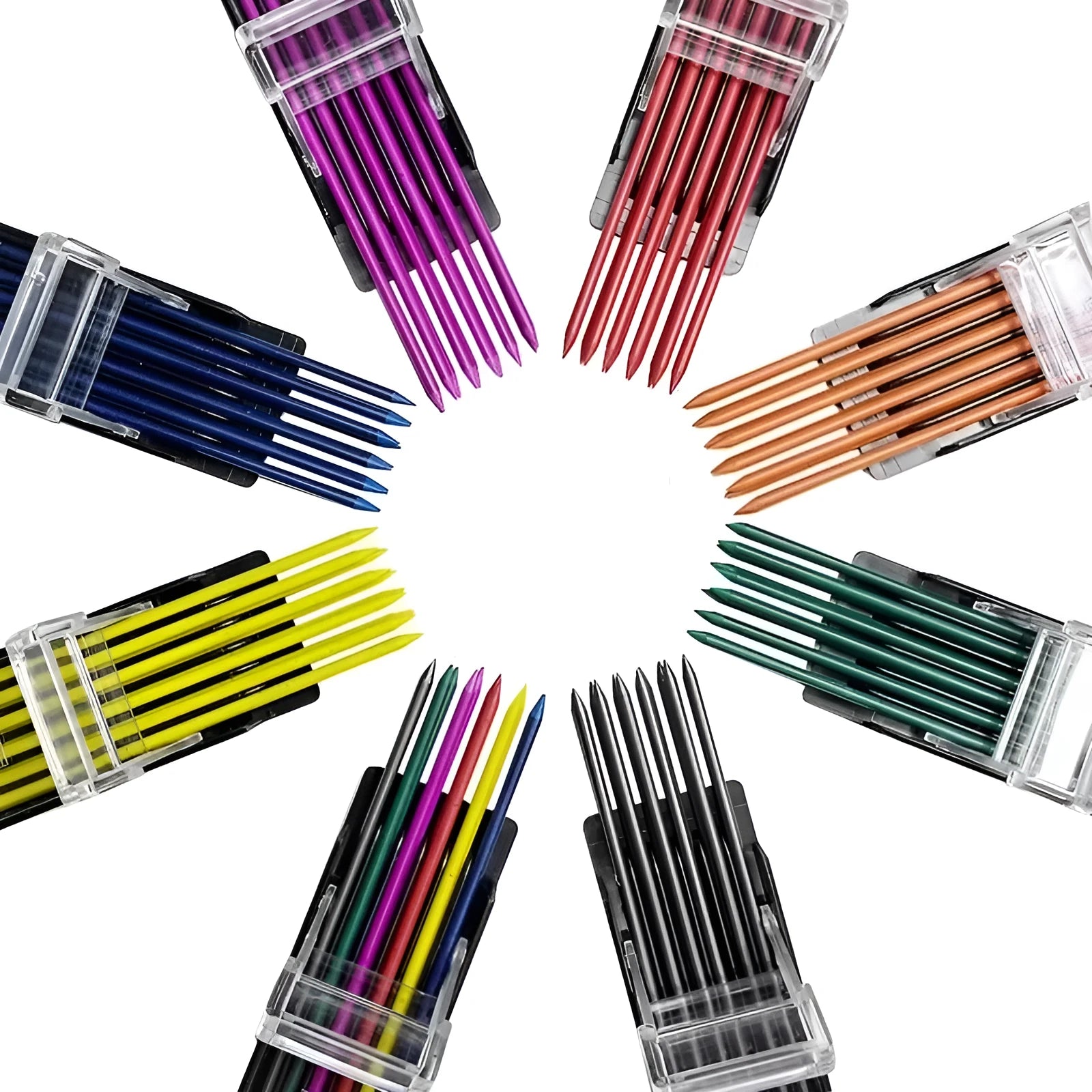 Box containing 12 rainbow-coloured mechanical pencil leads for drawing and replacement use