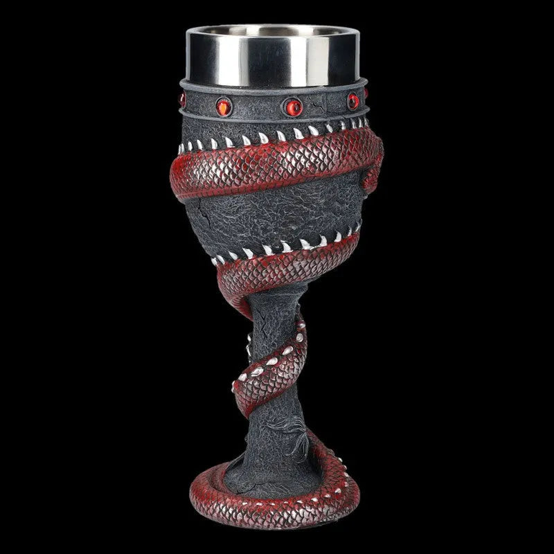 Red or gold stainless steel wine glass with a raised 3D dragon design and 200ml capacity.