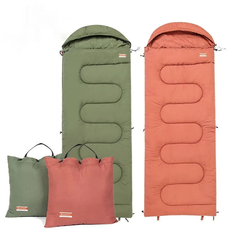 Cotton camping sleeping bag quilt in ochre or olive green colours showing lightweight portable design
