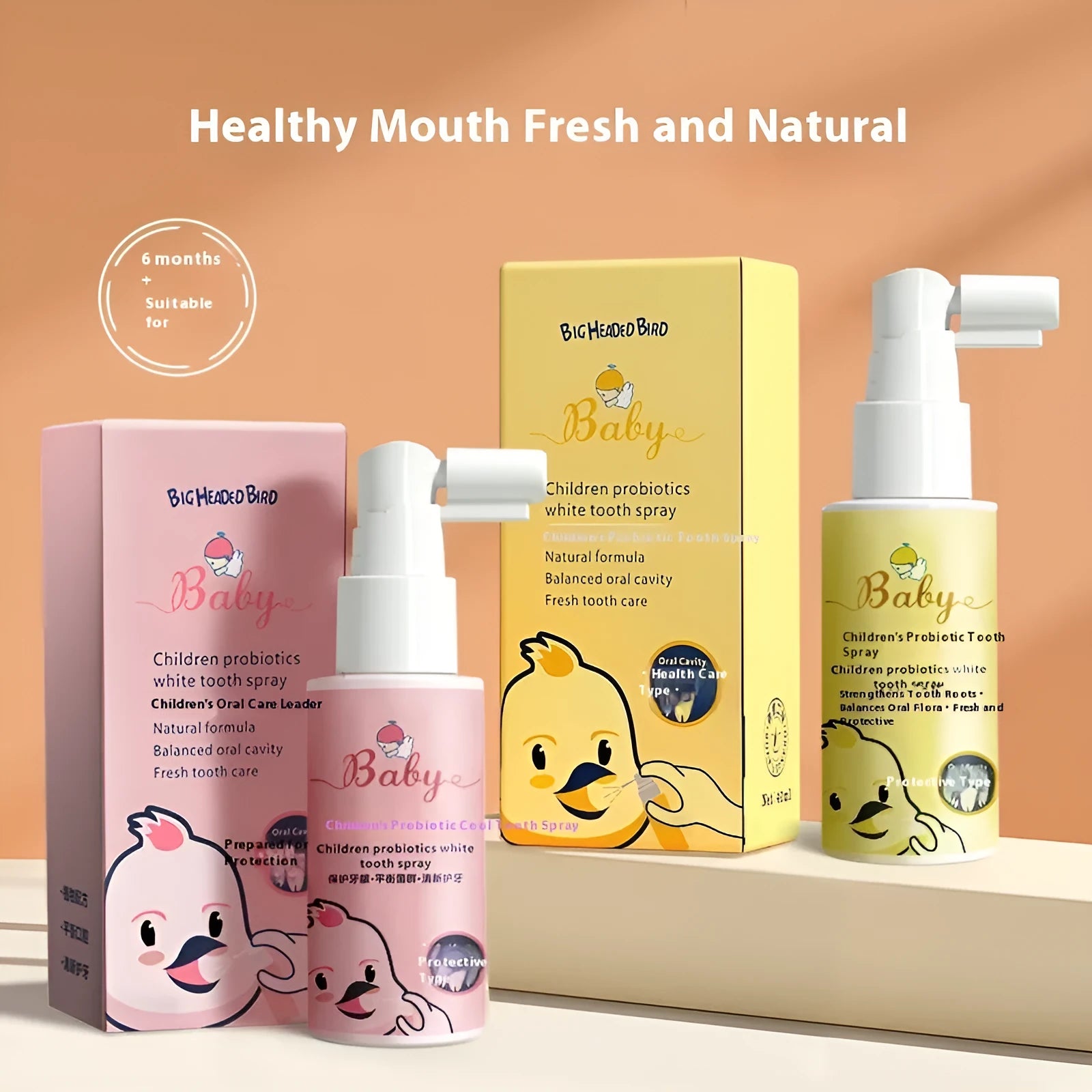 Children's probiotic white teeth cleaning spray in 40ml bottle with strawberry or orange flavour options