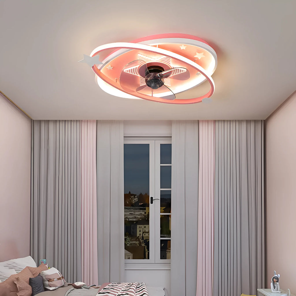 Modern iron chandelier with acrylic shade for children's bedroom, available in blue or pink with remote control