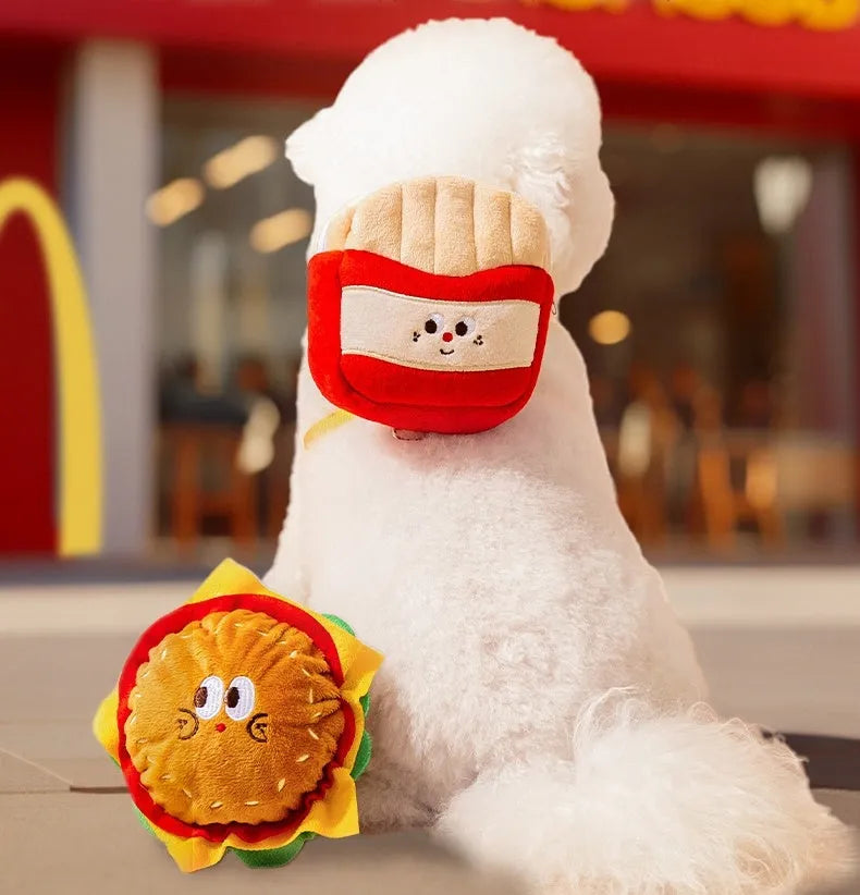 Cartoon hamburger design adjustable escape-proof vest and leash set for cats and dogs on a grey background.