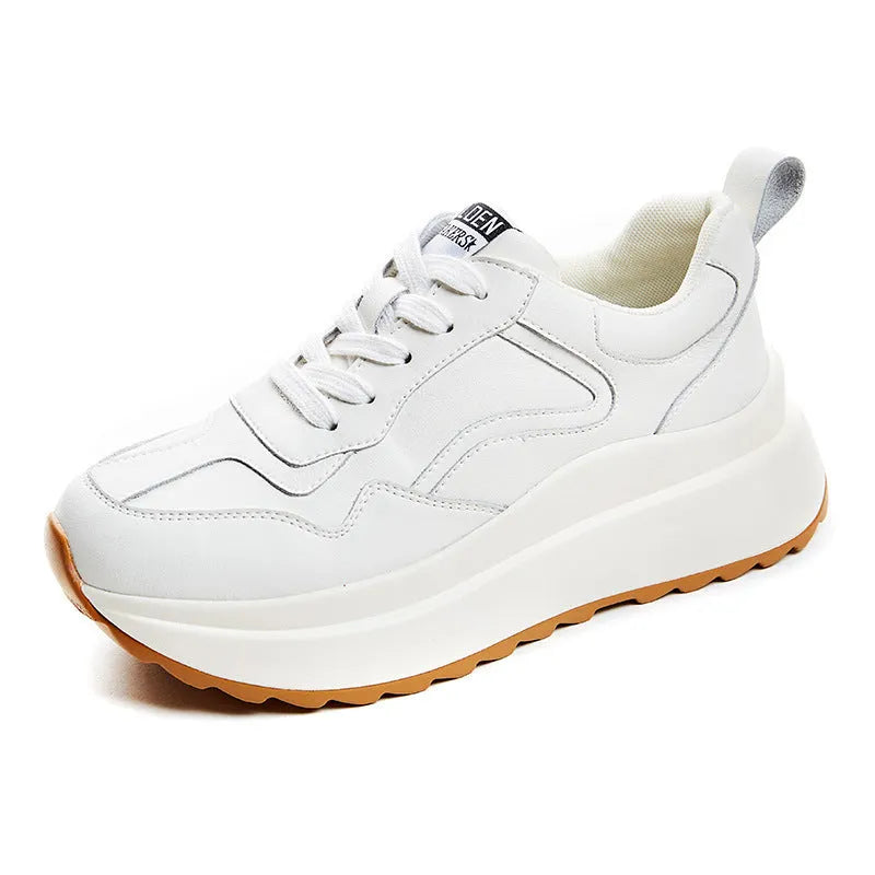Women's beige low-top casual leather sports shoes with cross-strap and round toe