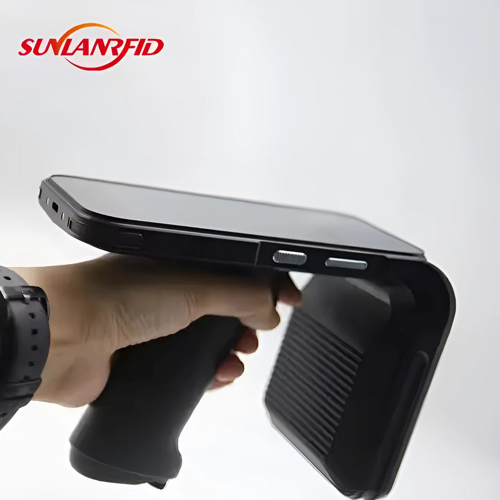 SLP-05 handheld UHF RFID scanner with Android touchscreen and integrated barcode scanner.