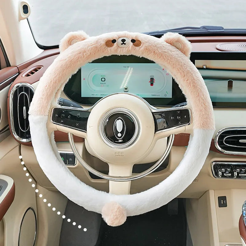 Plush thermal car steering wheel cover with rabbit fur embroidered animal design, 38cm diameter