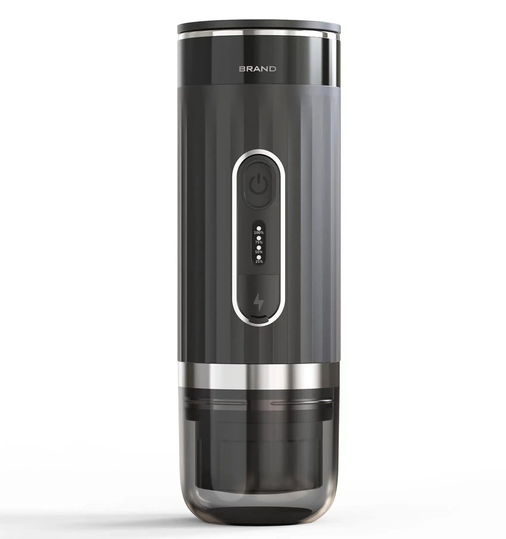 Black portable wireless K-Cup coffee machine for car and camping use.