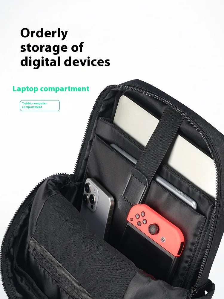 Black Oxford cloth computer backpack with a polyester lining, showing storage compartments.