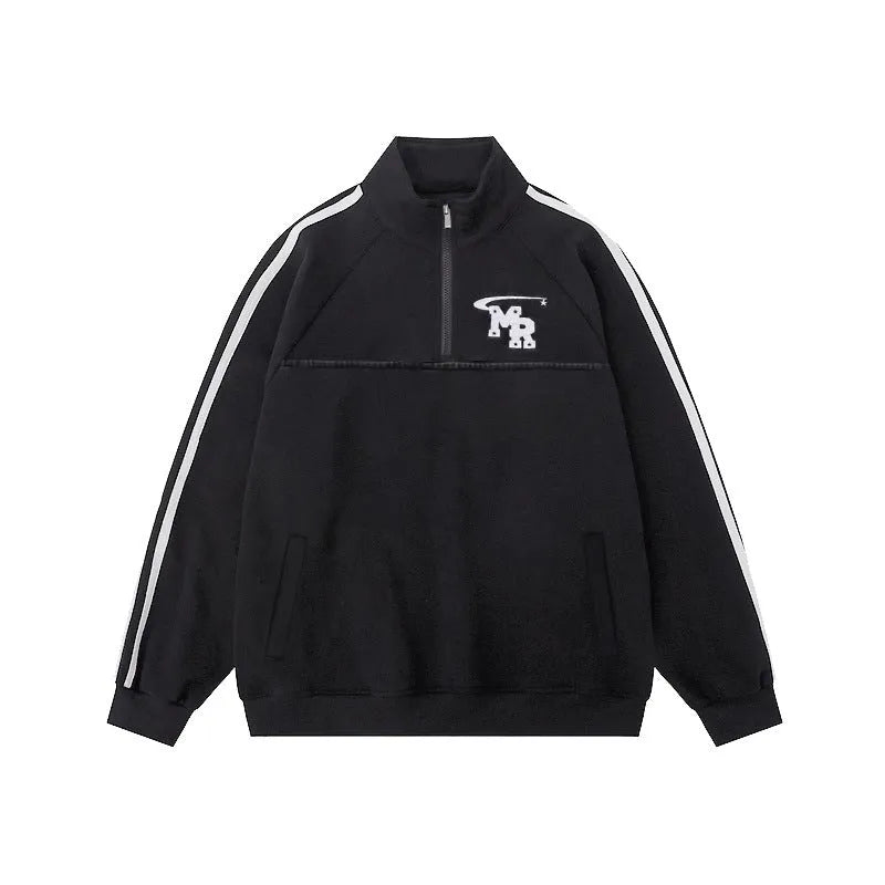Black Hong Kong style retro sports sweatshirt with stand collar and long sleeves