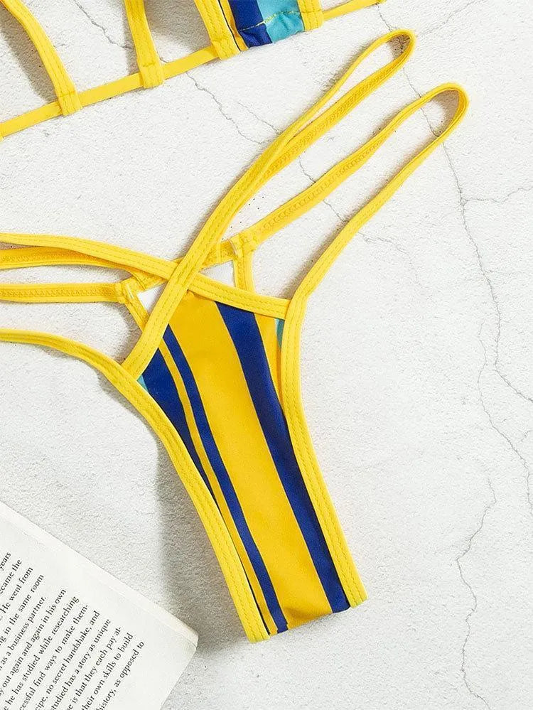 Yellow women's split swimsuit with hollow neck-hanging style and high waist design