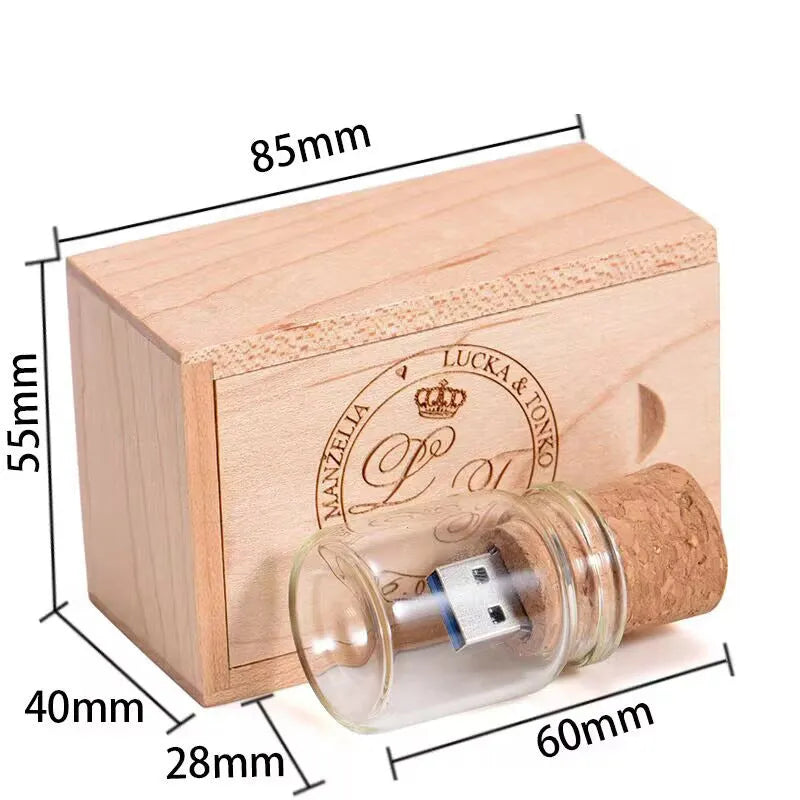 Wooden wish drift bottle USB flash drive with transparent housing showing decorative interior