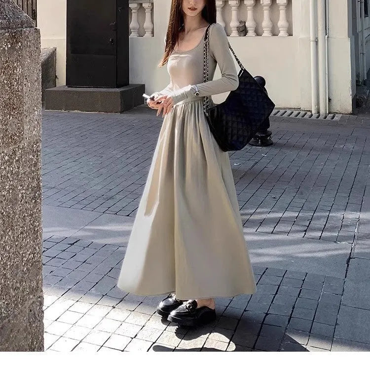 Women's square collar knitted dress with elastic waist and A-line long skirt in black