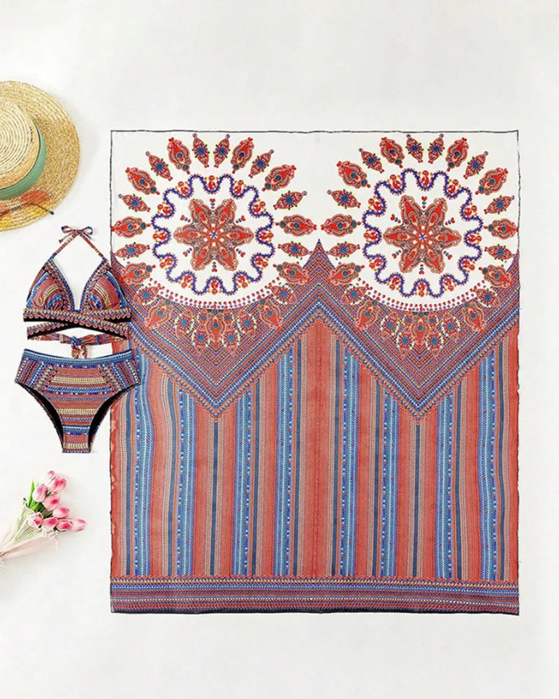 Women's three-piece swimsuit set showing high-waisted briefs, sleeveless cutout top, and coordinating coat