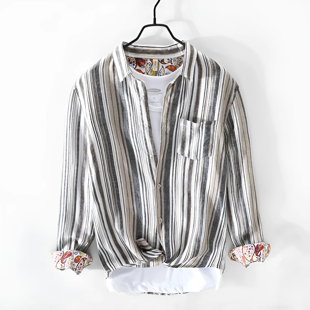 Men's grey linen striped shirt with long sleeves and loose casual fit
