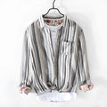 Men's grey linen striped shirt with long sleeves and loose casual fit