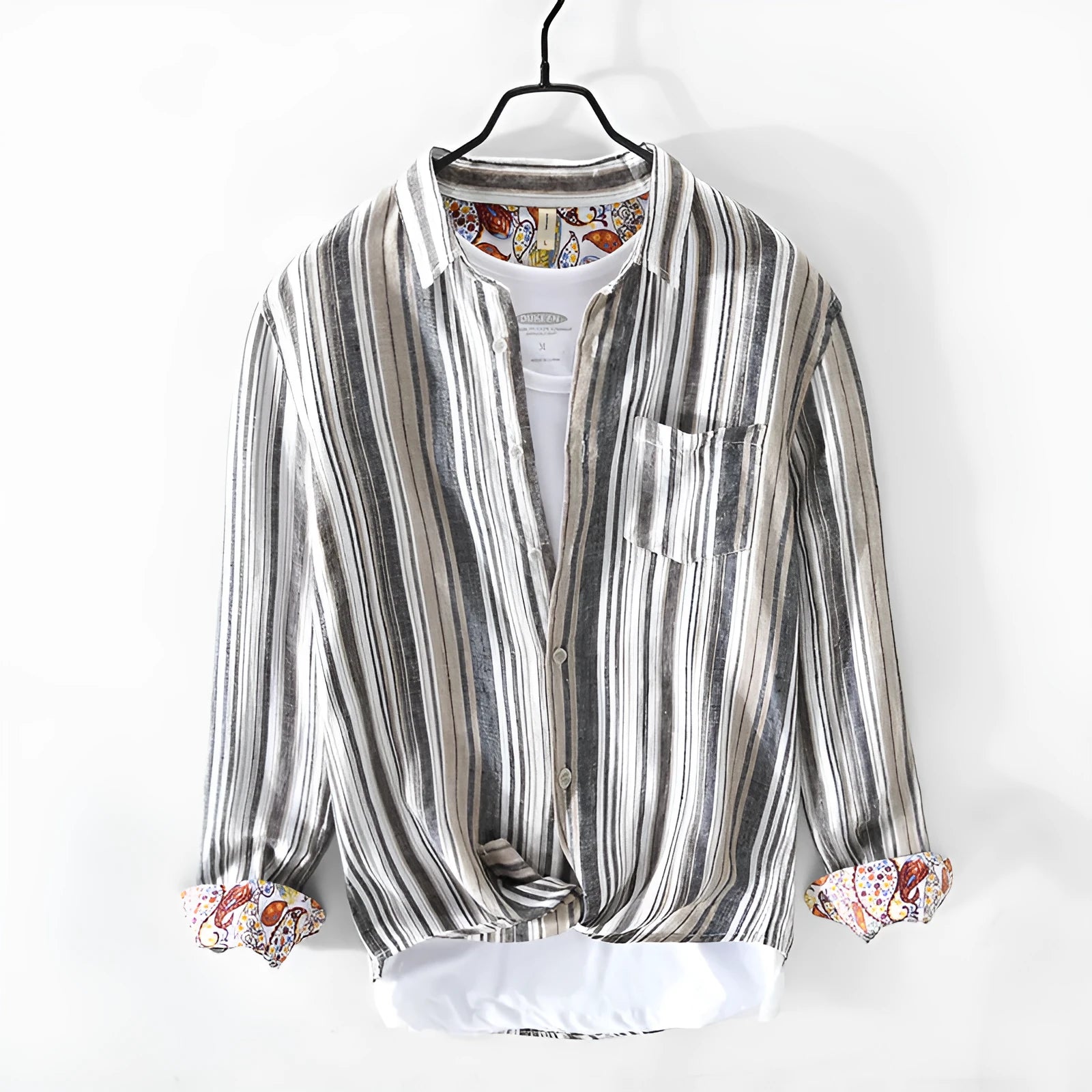 Men's grey linen striped shirt with long sleeves and loose casual fit