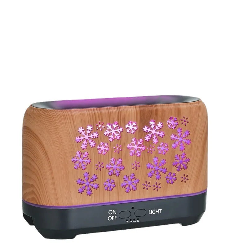 Colourful snowflake wood grain desktop humidifier with remote control and flame lighting effect