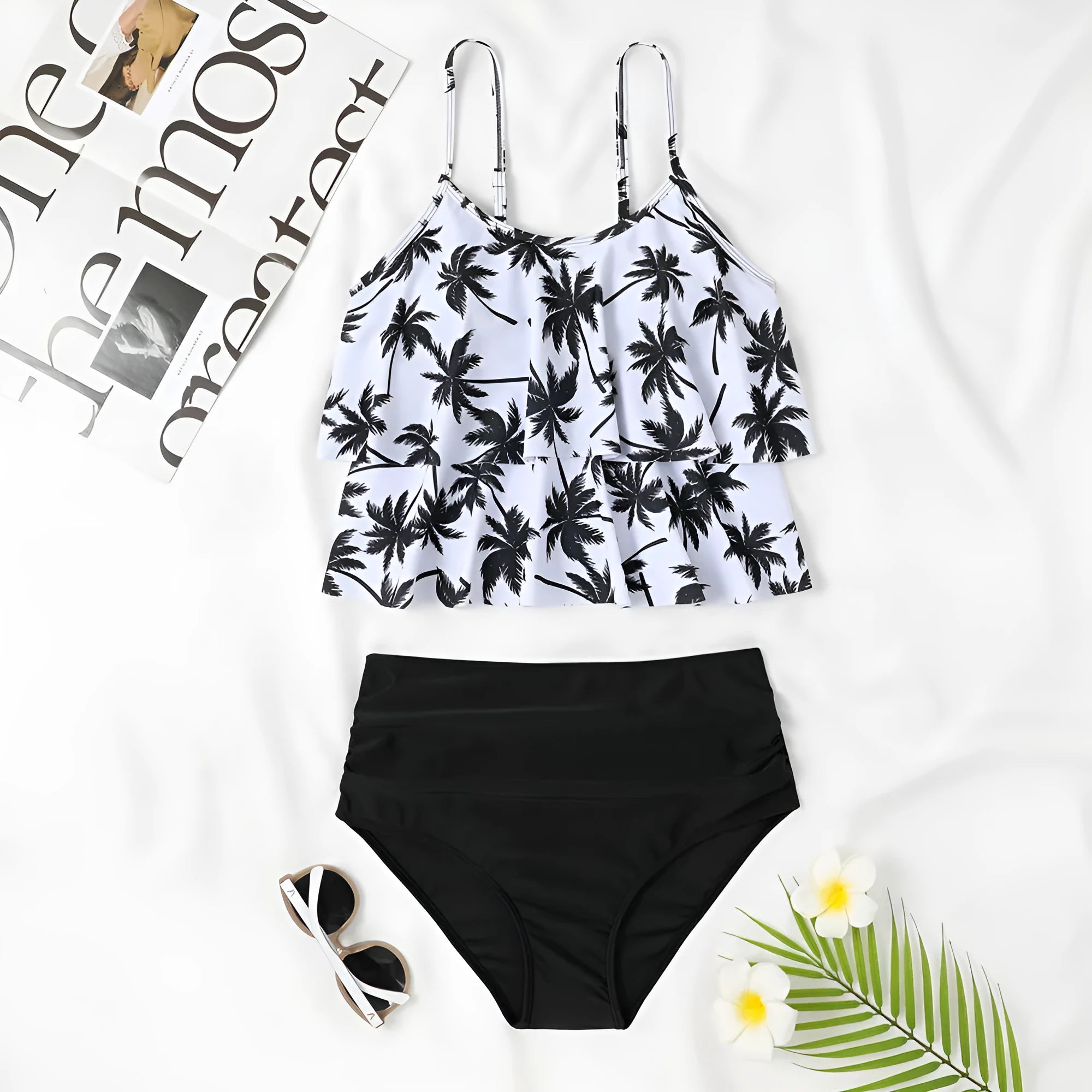 Women's high-waist double-layer swimsuit set with coconut tree print designs