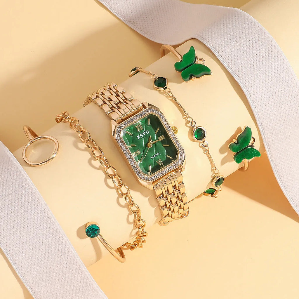 Gold green square women's watch with four matching bracelets in alloy case with jewellery buckle clasp
