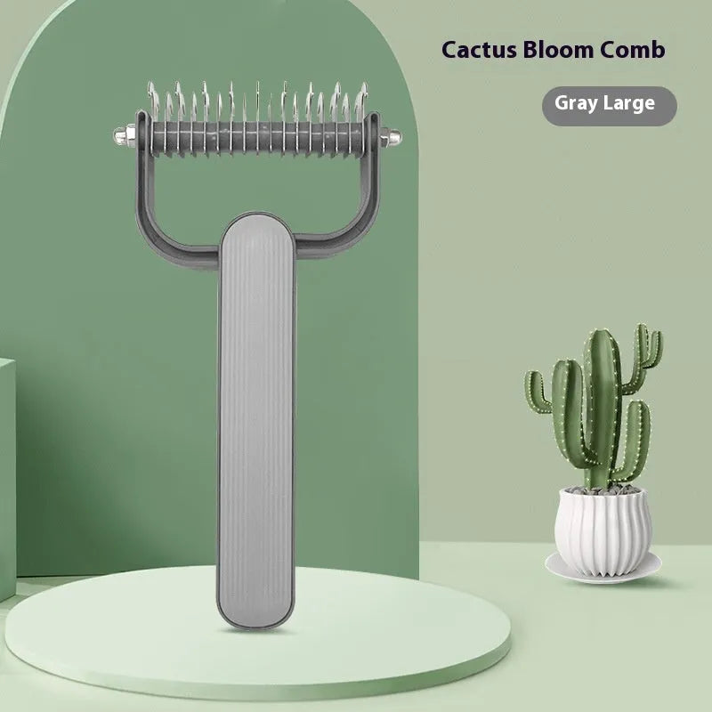 Green and grey dog unknotting comb with PP handle and stainless steel teeth, shown in large and small sizes.
