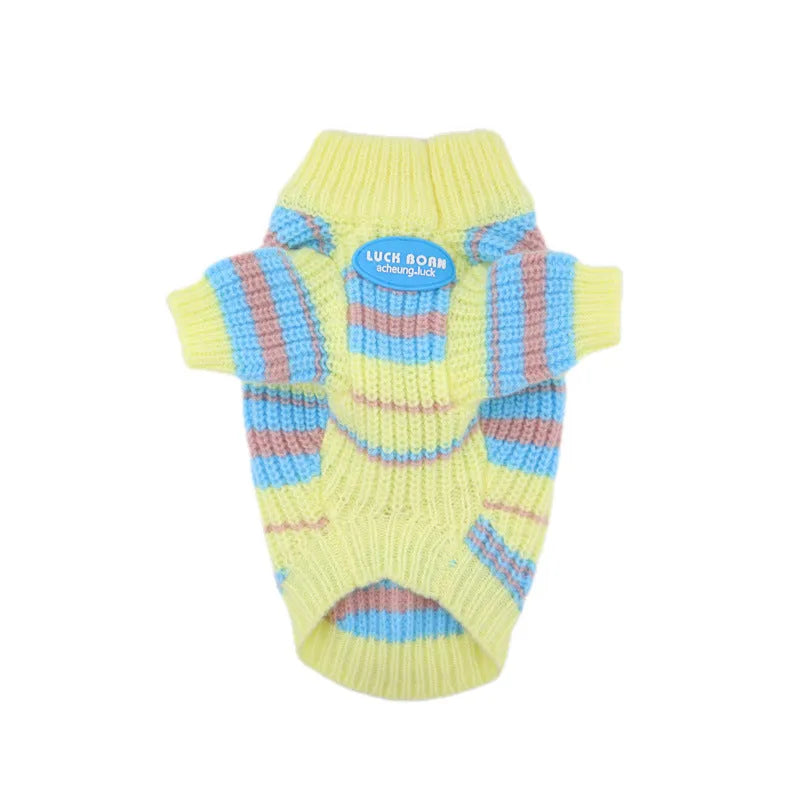 Blue and yellow striped wool dog jumper sweater for small breed pets.