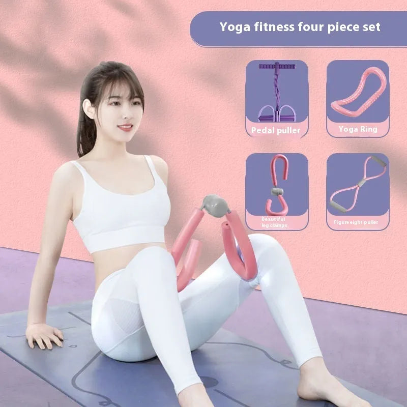 Yoga four piece fitness set showing leg stretcher, yoga ring, pedal chest expander, and figure eight tension rope.