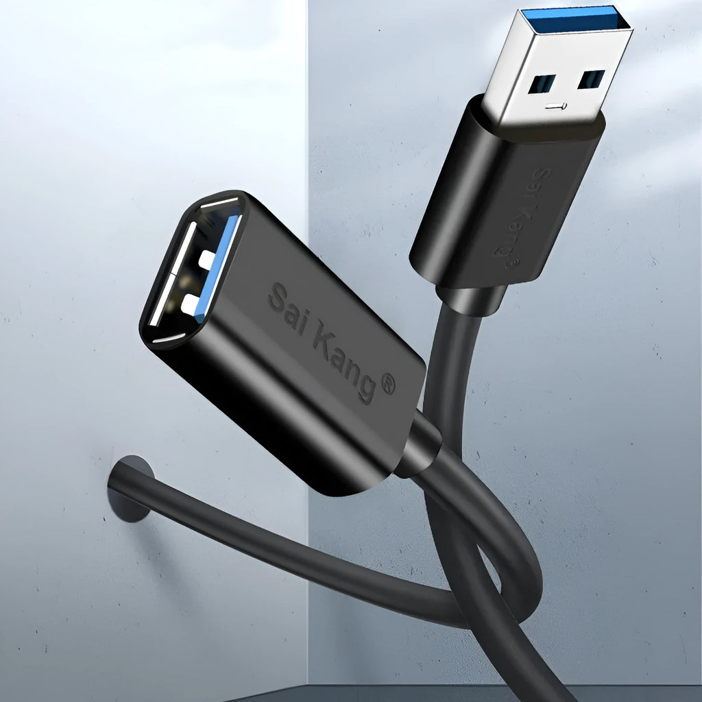 Black USB male to female extension cable showing connector details and available in multiple lengths