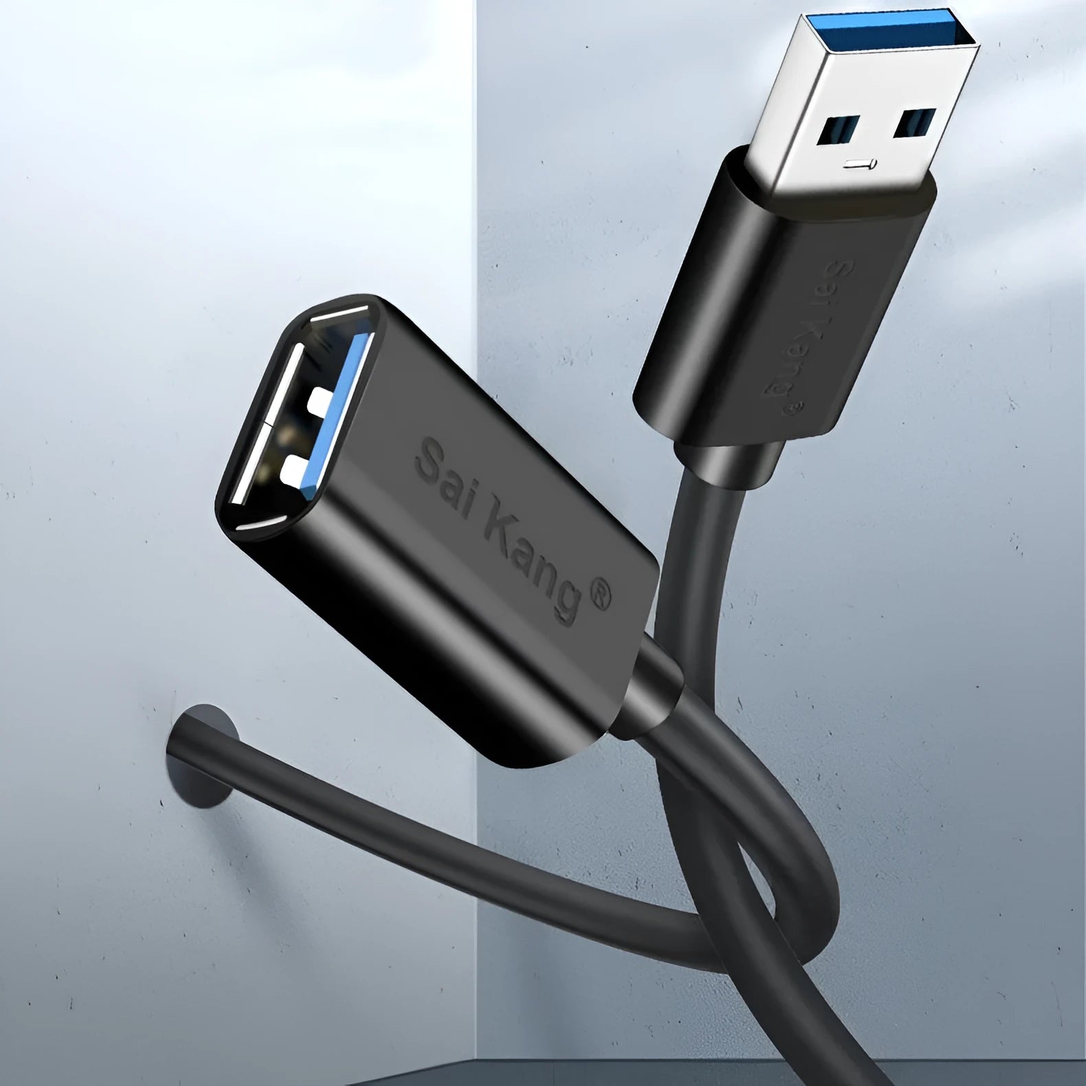 Black USB male to female extension cable showing connector details and available in multiple lengths