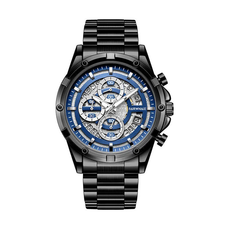 Men's waterproof quartz watch with luminous dial and steel strap in black, gold, or silver colour options