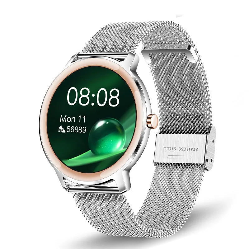 Women's Bluetooth smart watch with stainless steel wristband and 1.3 inch touch screen display