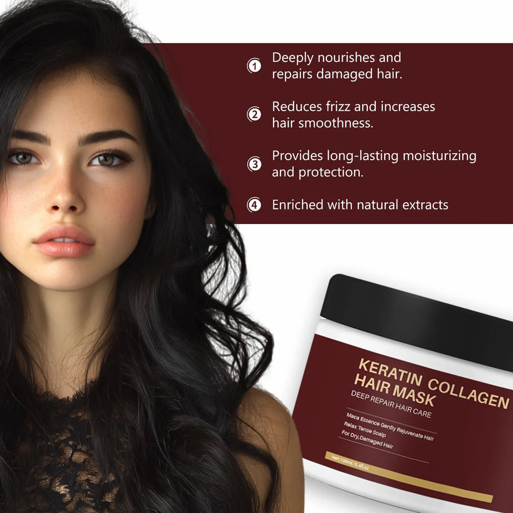 White tub of 100ml collagen hair mask for moisturising and repairing hair.