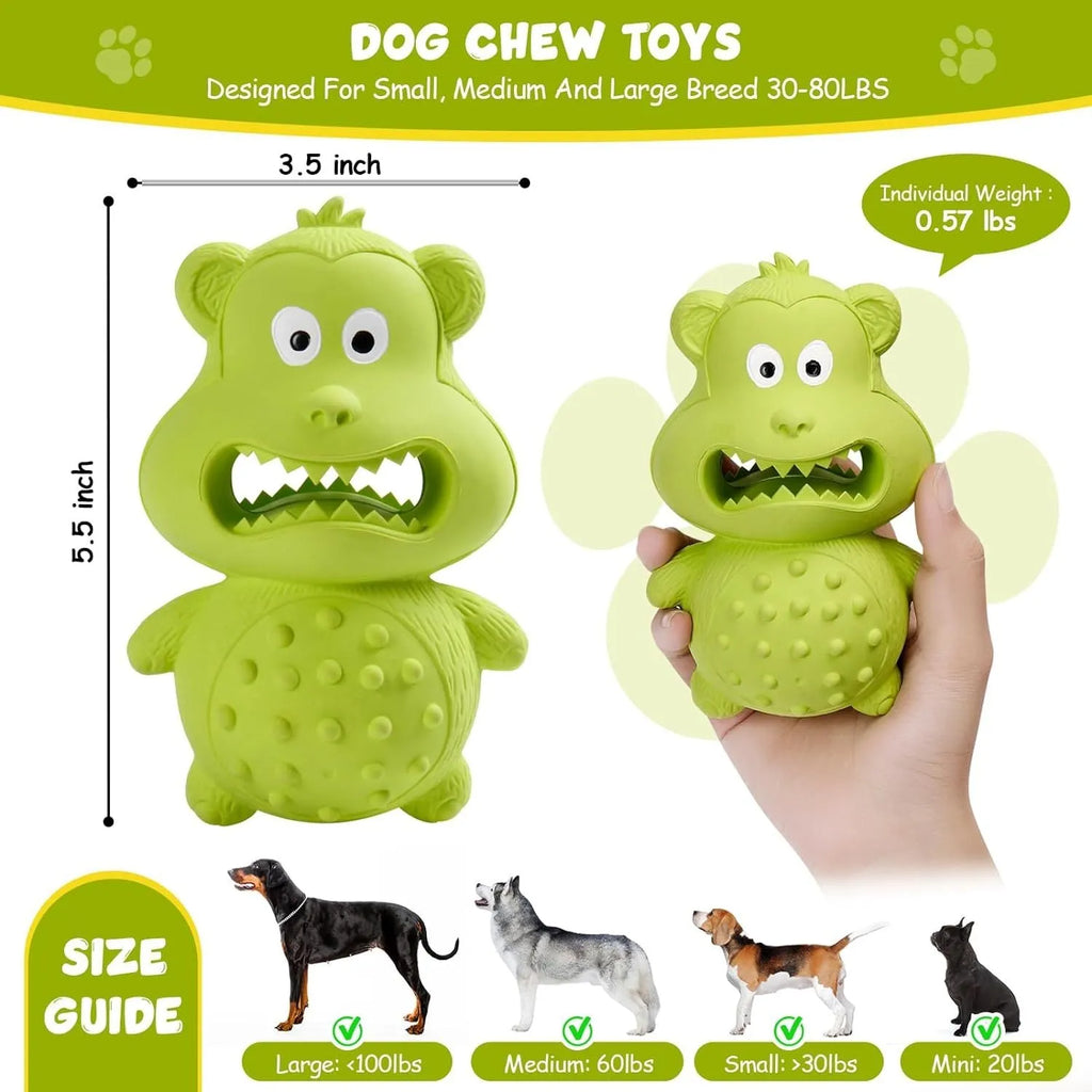 Green and yellow natural rubber dog toy for aggressive chewers with squeaker and treat hole.