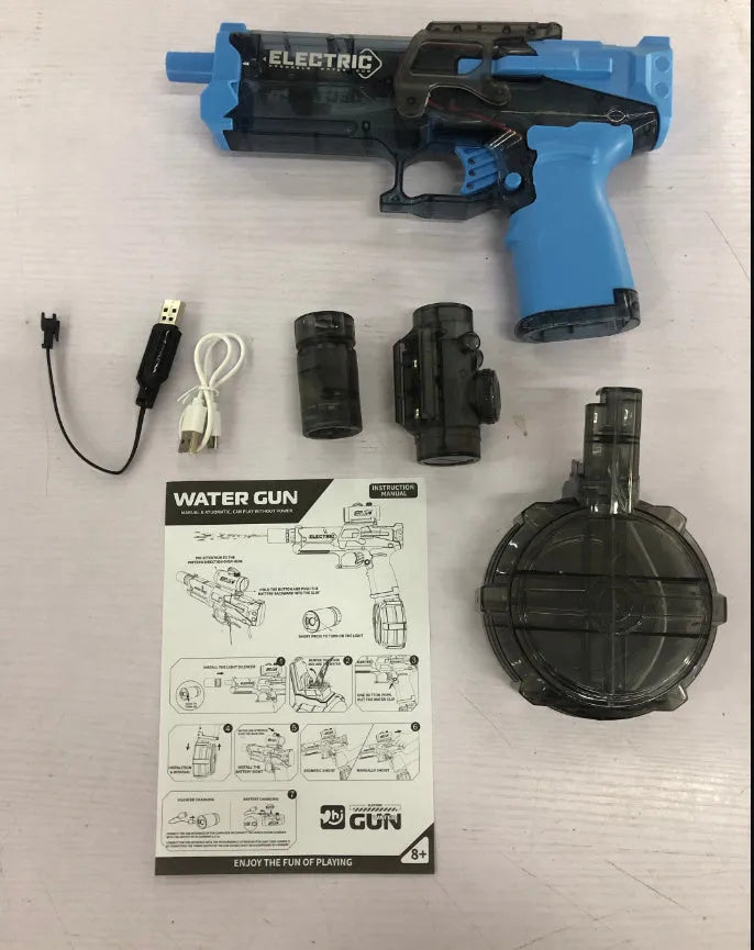 Fire Rat AC223 black and blue electric water pistol toy with LED lights on display