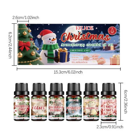 Christmas aromatherapy oil set showing six 10ml bottles including Warm Home fragrance