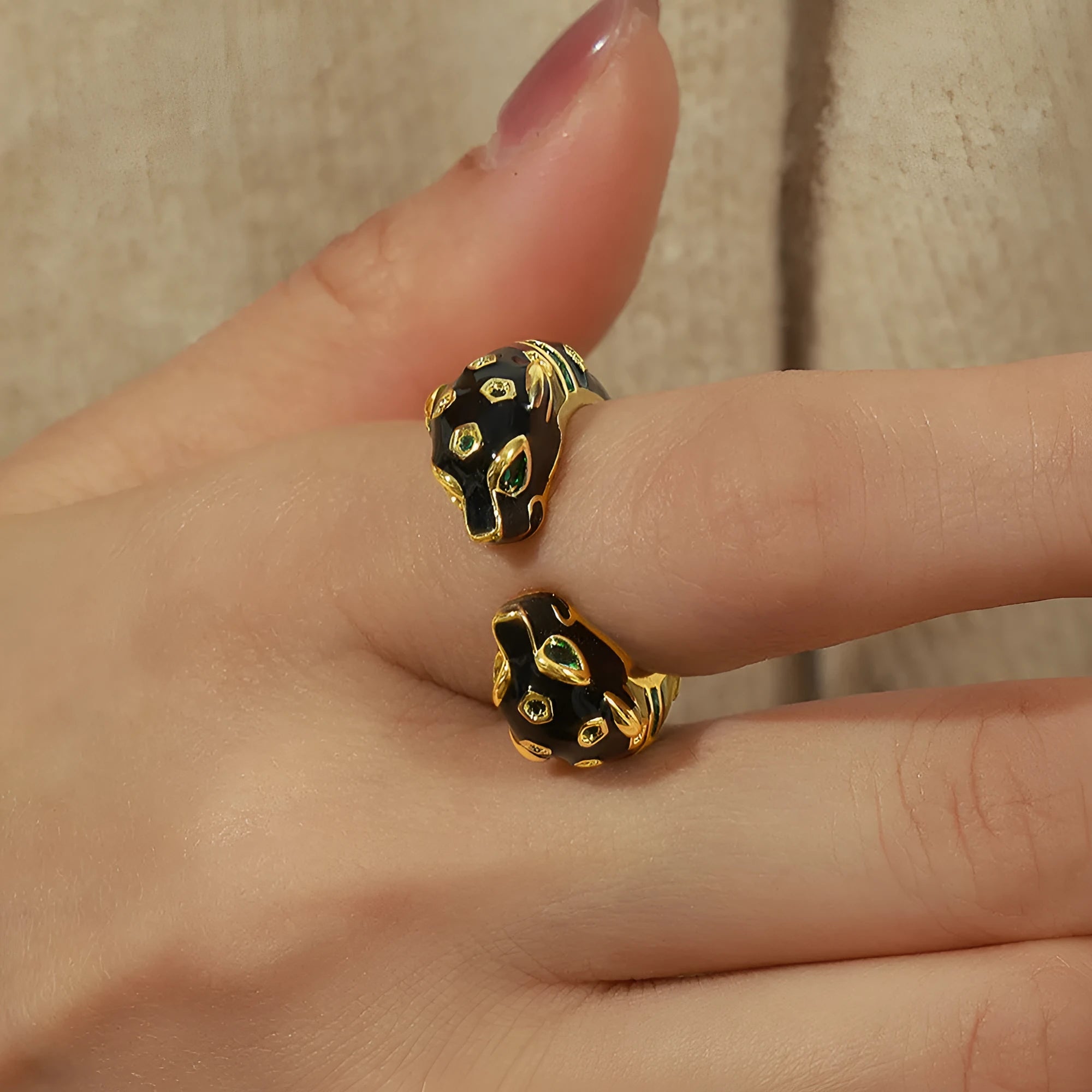 Women's black cheetah pattern open ring with oil drip effect on copper geometric design
