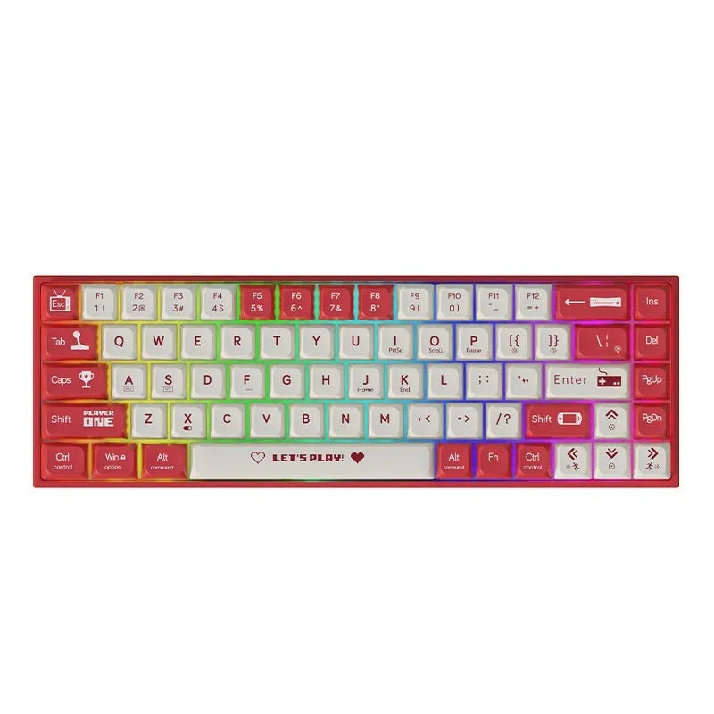 AJAZZ AK680 wired mechanical gaming keyboard with red and white mixed colour keycaps on a desktop.