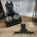 Personalised dog bowl holder with engraved name on iron stand holding stainless steel bowl