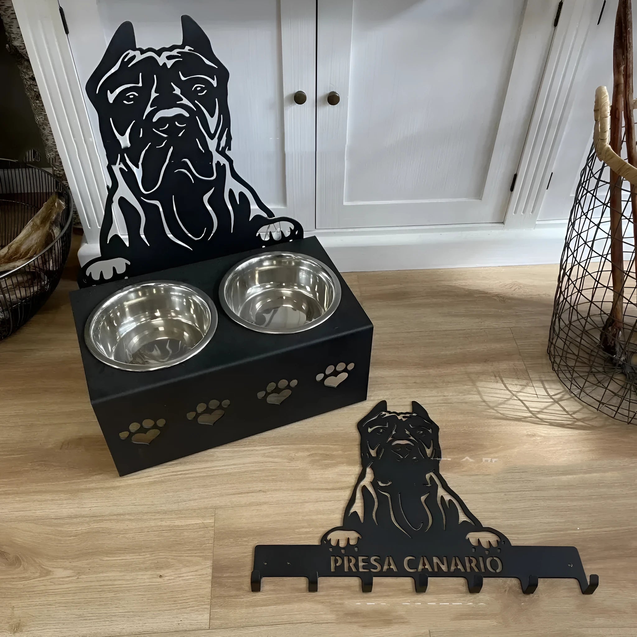 Personalised dog bowl holder with engraved name on iron stand holding stainless steel bowl