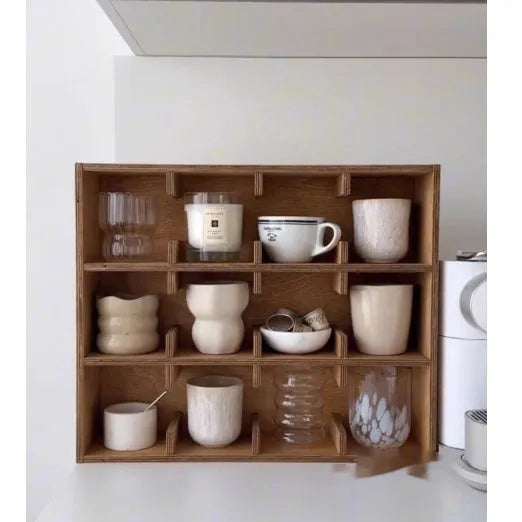 Square solid wood cup storage rack with multiple grid compartments in birch meridian colour finish