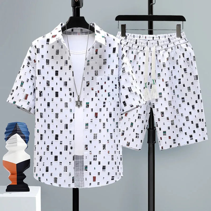 Men's casual polyester shorts and short sleeve top two-piece set in a neutral colour.