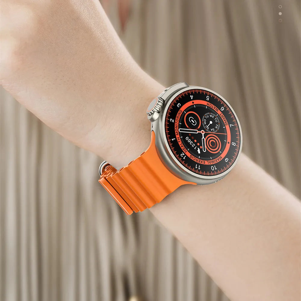 K9 smart watch with black silicone strap and round screen displaying fitness stats.
