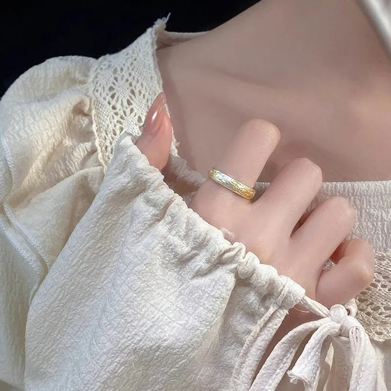 White copper open-mouth ring with geometric shape and Xiangyun pattern featuring electroplated silver gold finish